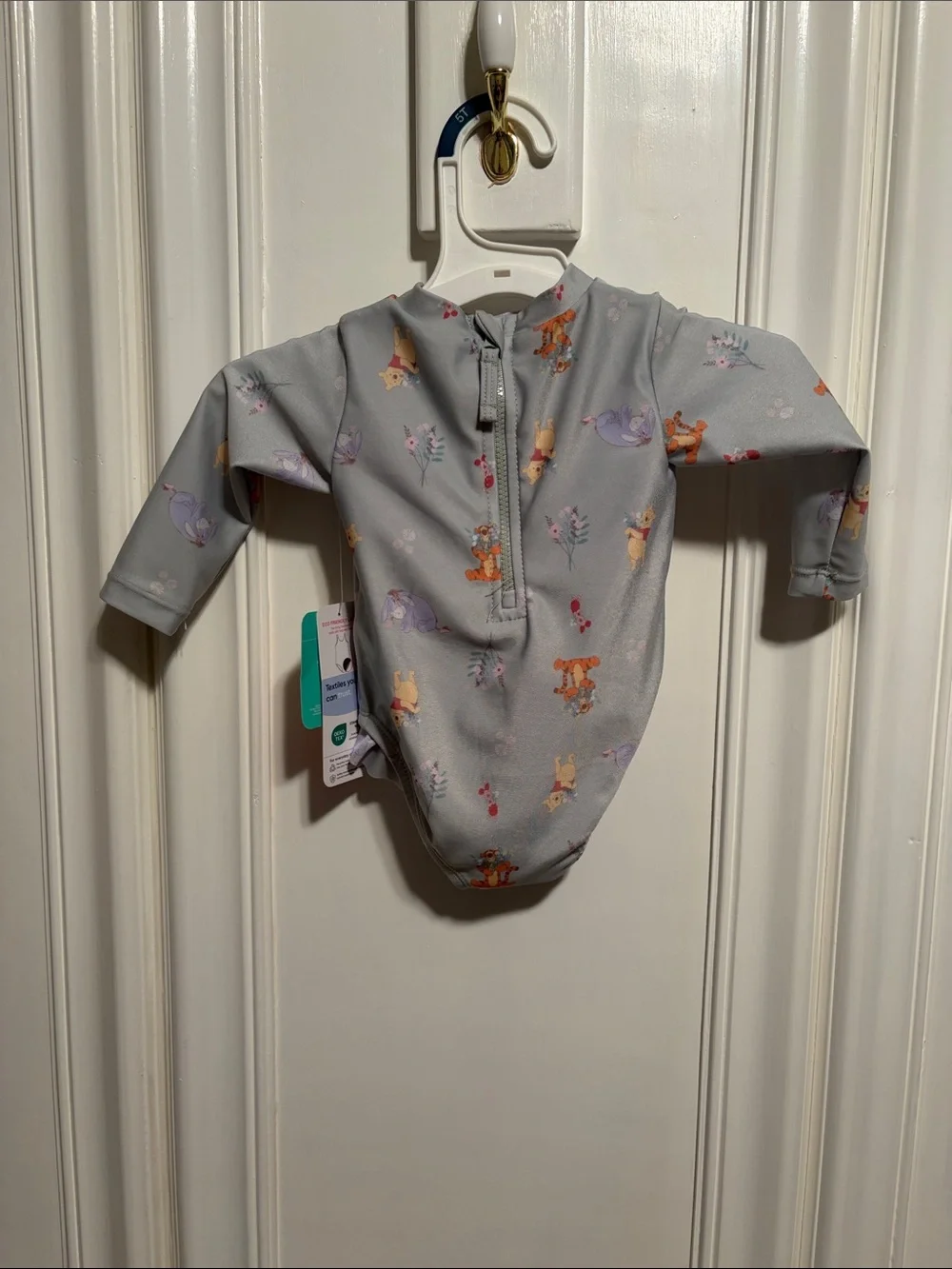 Disney Sage Green Pooh Bear and Friends Print Zip-Front Baby One-Piece